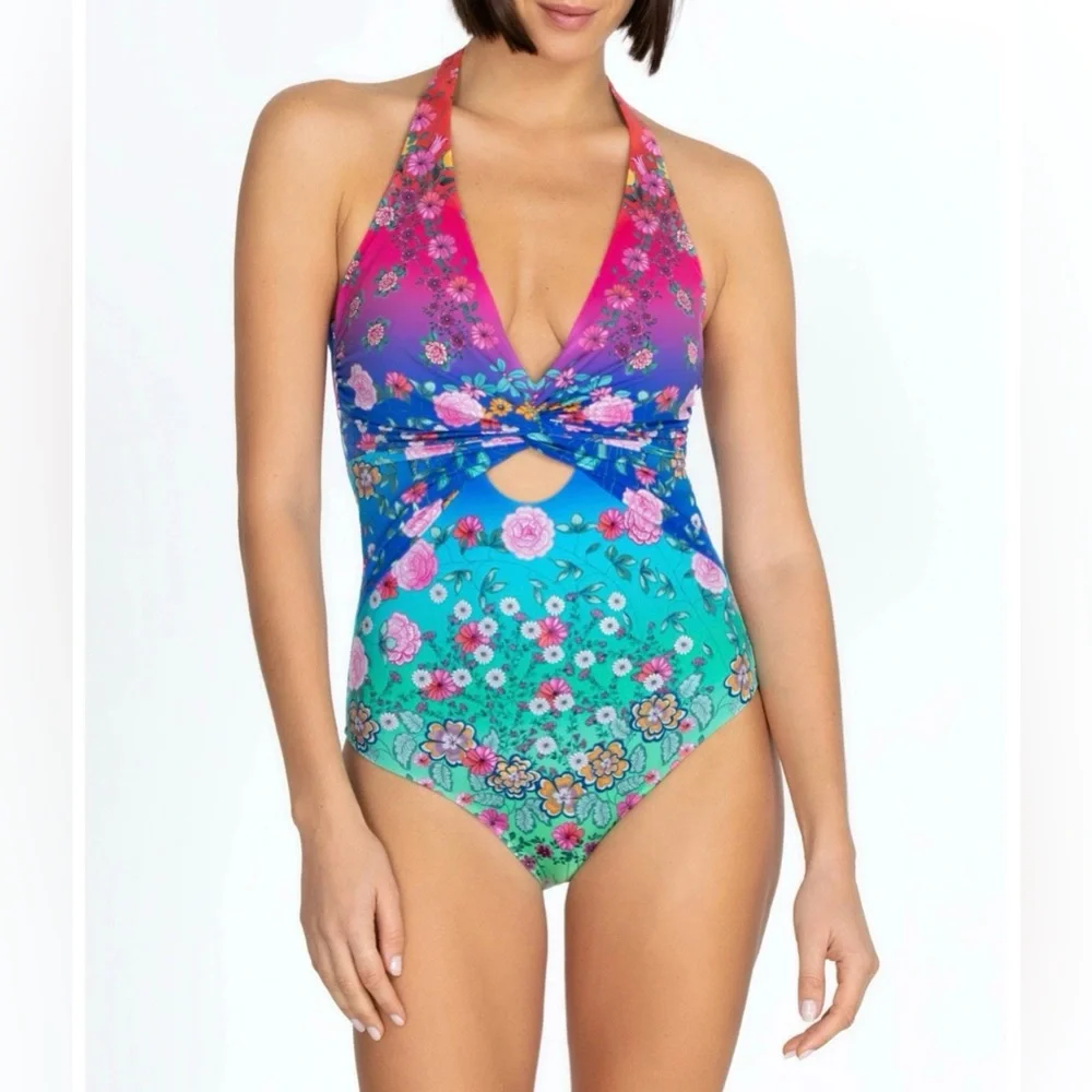 NWT! JOHNNY WAS‎ RAINBOW TWISTKEYHOLE ONE PIECE V Neck Ties at Neck Size XS